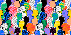 Colorful diverse people crowd abstract art seamless pattern.